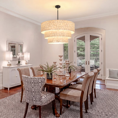 12-Light Triple-Tier Seashell Drum Pendant Chandelier with Gold Finish – Coastal Boho Ceiling Light for Dining Room, Living Room, Kitchen Island