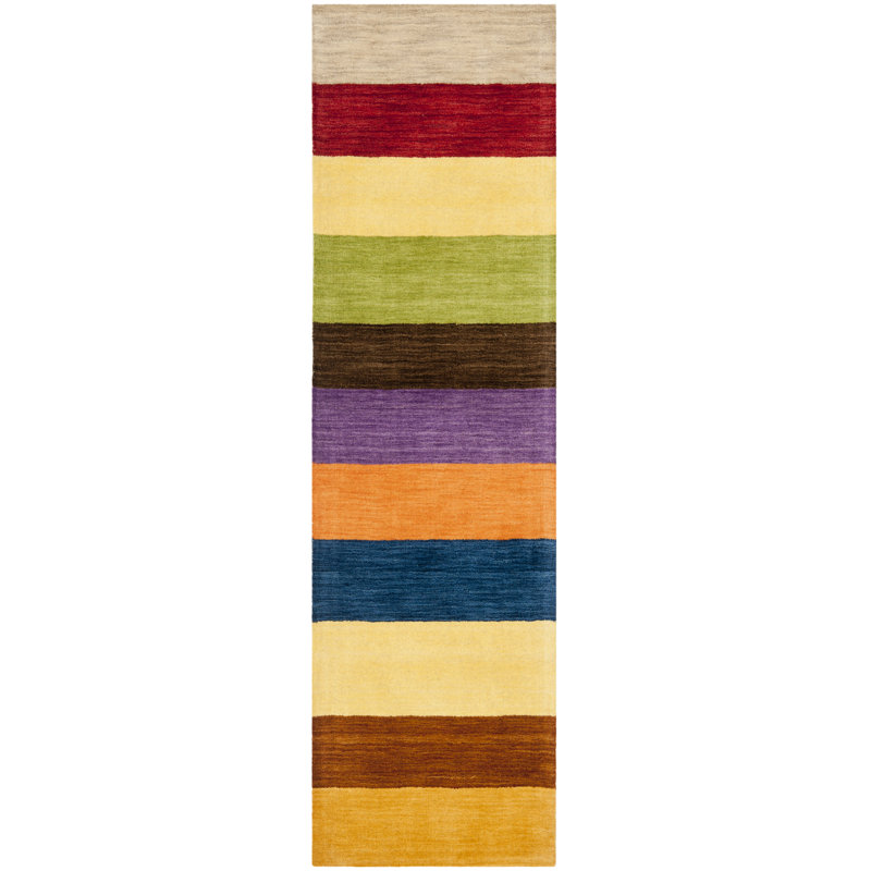 Tapis jaune / multicolore en laine tissé à plat à la main Hossain, Tapis de couloir 2 pi 3 po x 8 pi