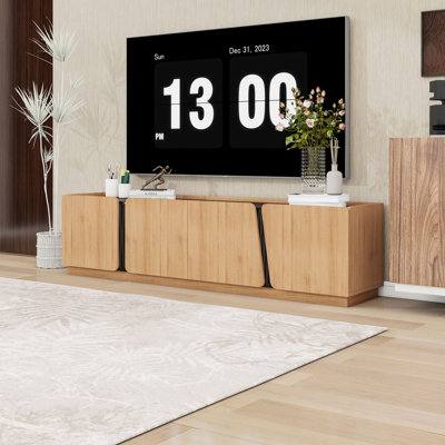 Meuble télé avec plateau en marbre, coins arrondis, tablettes réglables et gestion des câbles