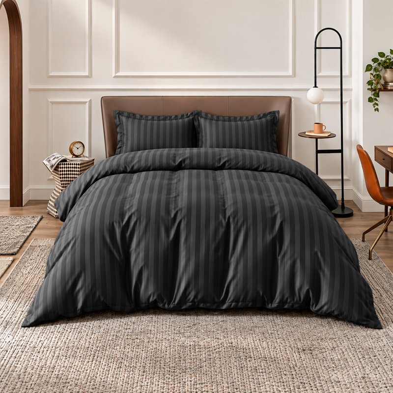 Microfiber Striped Duvet Cover Set with Pillowcases Included, Double Duvet Cover Set + 2 Pillowcases, Black
