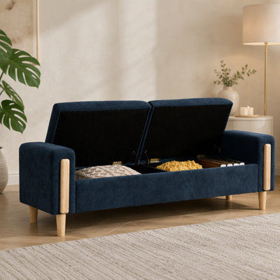 65.67" Wide Modern Upholstered  Storage Bench With Double Lids,  Chenille fabric Foot Stool With  Armrest, Bench Daybed With Rubberwood Legs For Living Room, Entryway, Dormitory, Bedroom,Blue