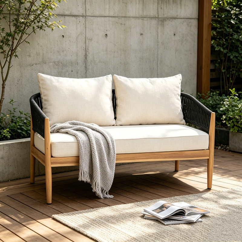 Outdoor Patio Acacia Wood Loveseat, Black,Natural