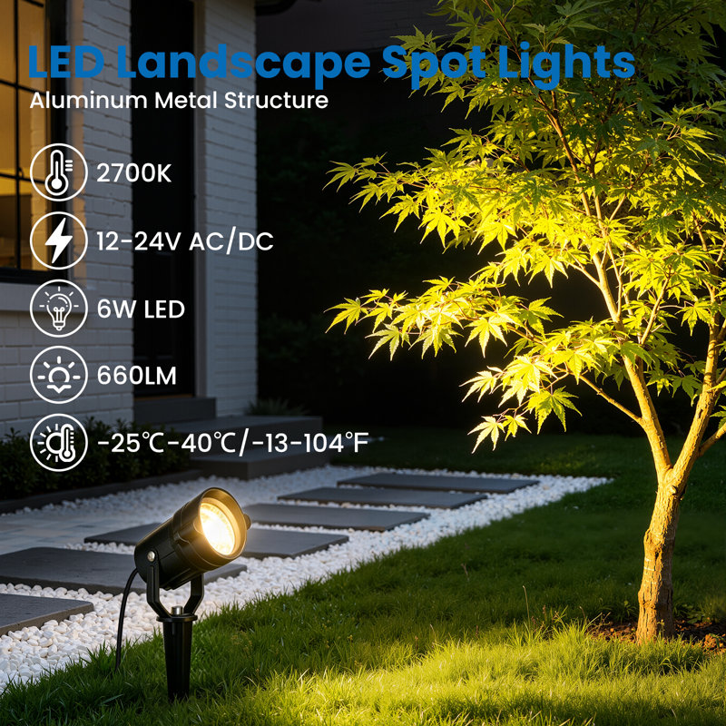 All-in-One Low Voltage Landscape Lighting Kit with Timer Transformer, 6W LED Spotlights, 2700K, IP66 Waterproof, 12-24V Outdoor Lighting