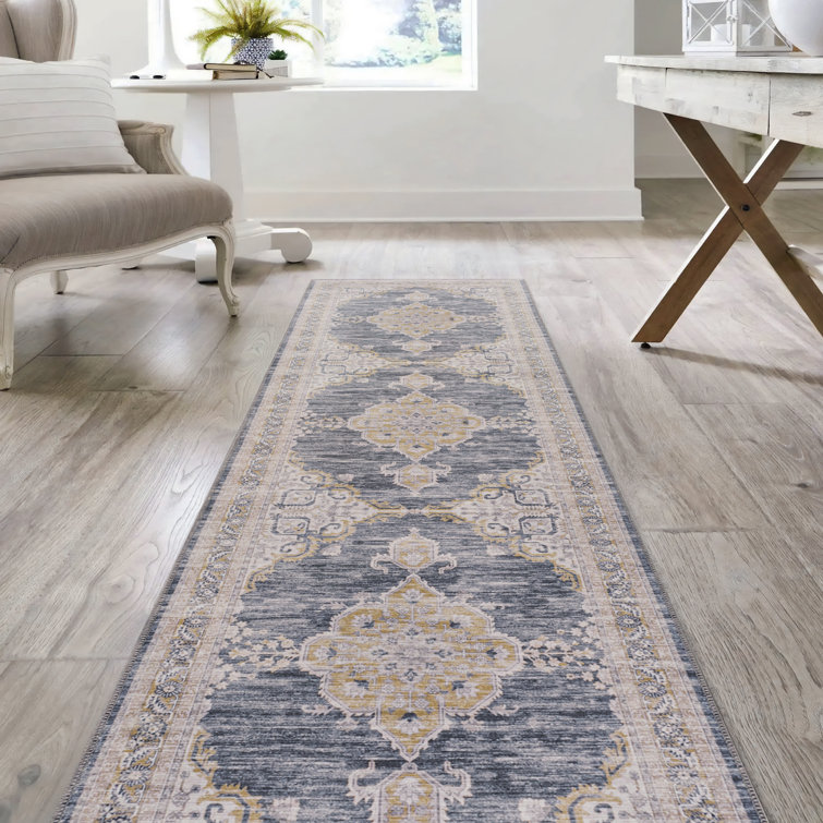 Wincer Chenille Cottage Medallion Machine-Washable Dark Gray/Yellow Rug