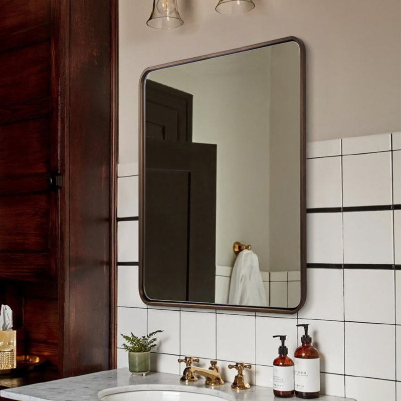 Miroir de salle de bain rectangulaire contemporain | Cadre épais en acier inoxydable, 32 po x 24 po, Bronze brossé