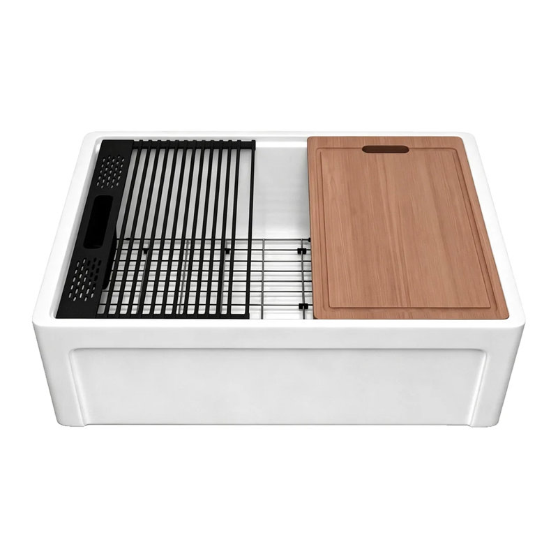 Évier de cuisine de ferme en argile réfractaire 30 po x l 20 po à tablier frontal réversible avec planche à découper, blanc