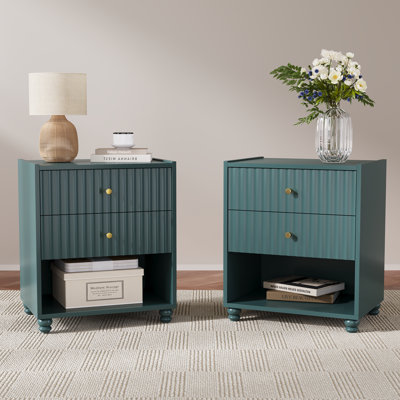 Modern Nightstand Set of 2, Fluted End Table with Open Shelf, Night Stand with 2 Drawers for Bedroom