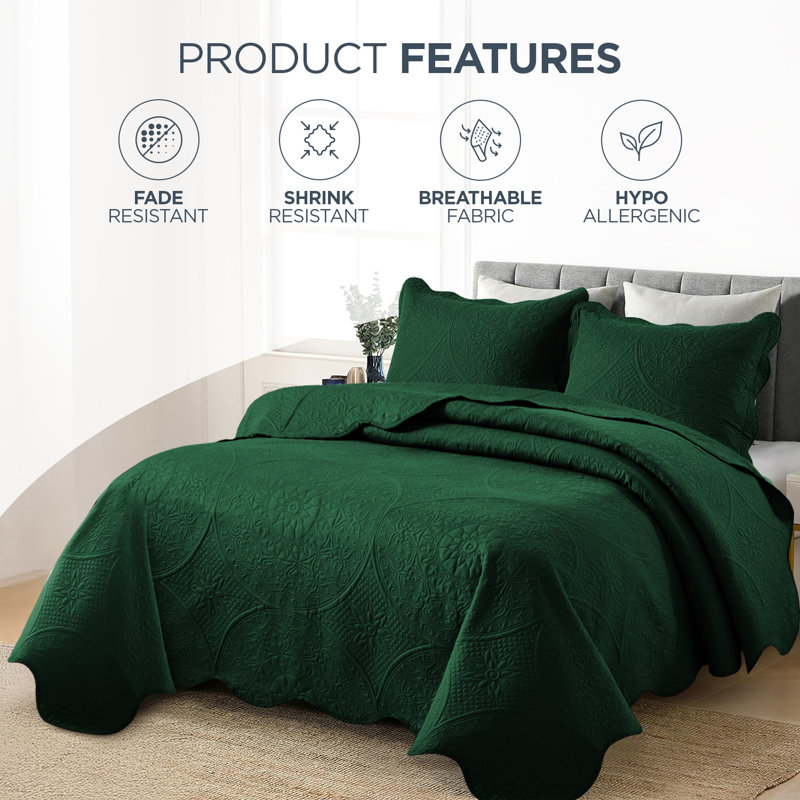 Elegant Floral Embossed Bedspread Set With Pillow Shams – Lightweight Quilted Bedding, Machine Washable, Emerald
