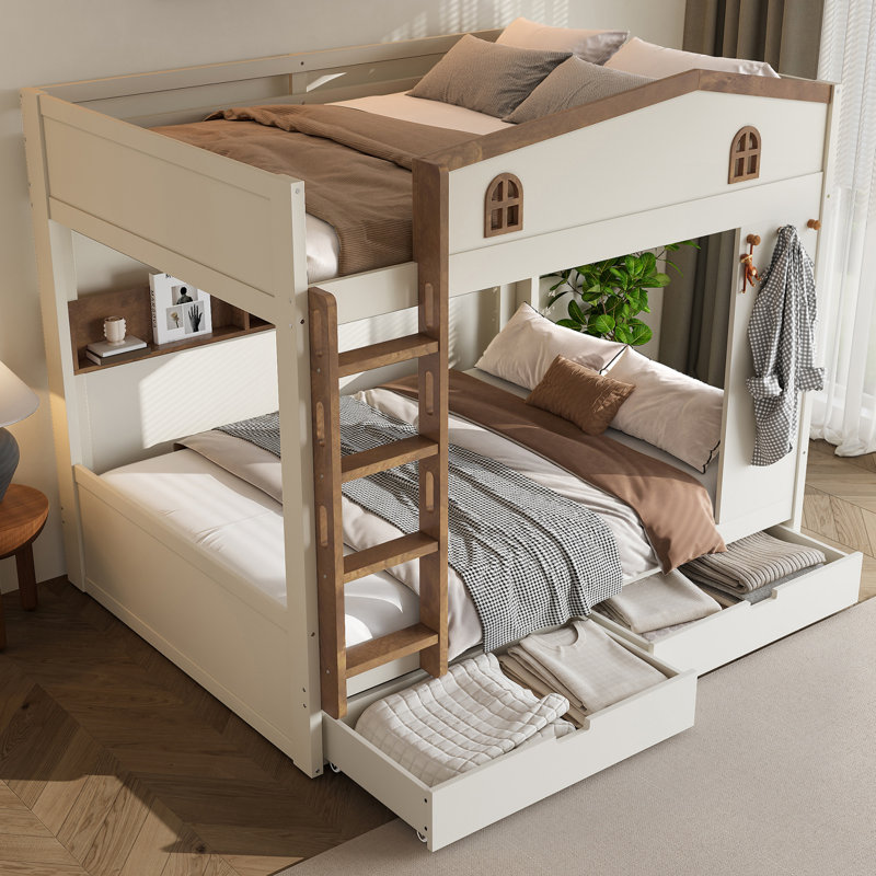 Queen Over Queen Solid Wood Bunk Bed with Storage Drawers, Shelves and Hooks, Beige, Queen Over Queen