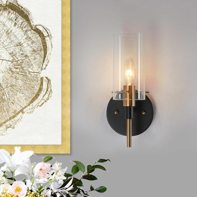  1 - Light Dimmable Black/Brass Armed Sconce, Cylinder