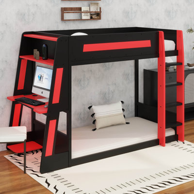 Lit superposé en bois avec bureau, deux tablettes de rangement, USB et lumière DEL
