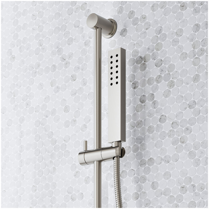 Sefina Thermostatic Shower System with Dual Showerheads, Slide Bar & Hand Shower - Brushed Nickel, Brushed Nickel