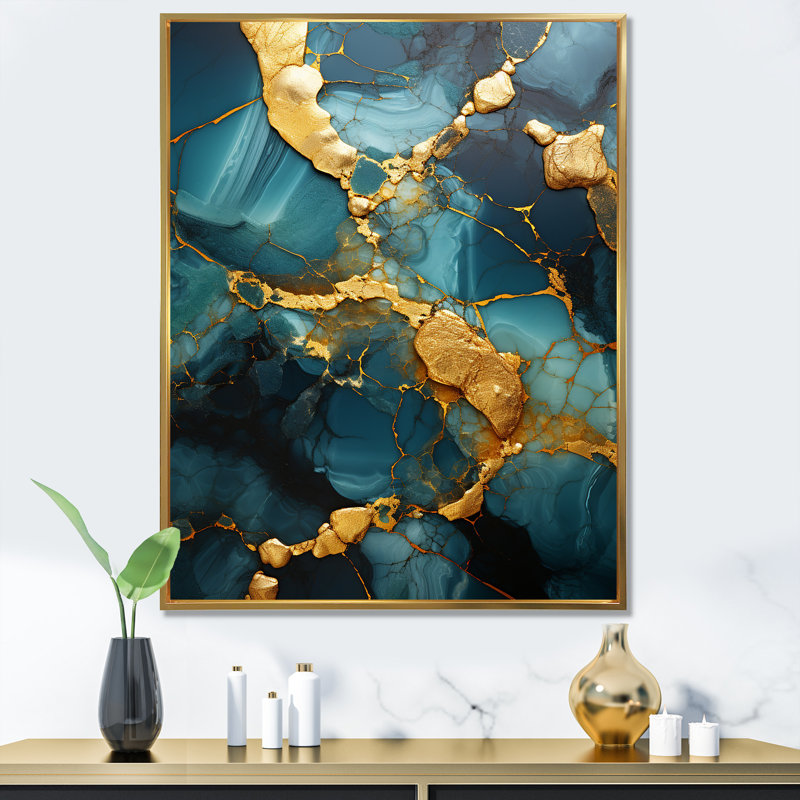 Agate topaze dorée et verte granite IV, H 40 po x l 30 po x P 1,5 po, Cadre flottant doré