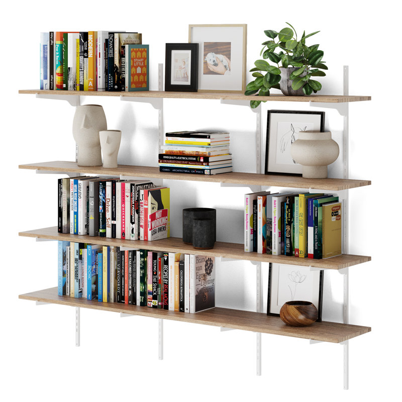 60" X 10" Floating Bookshelf With Adjustable Brackets, 4 Tier Height Adjustable Wall Shelving Unit, Living Room Shelf, Kitchen Organizer Shelf, Farmhouse And Scandinavian Decor, Burnt Board, White Brackets
