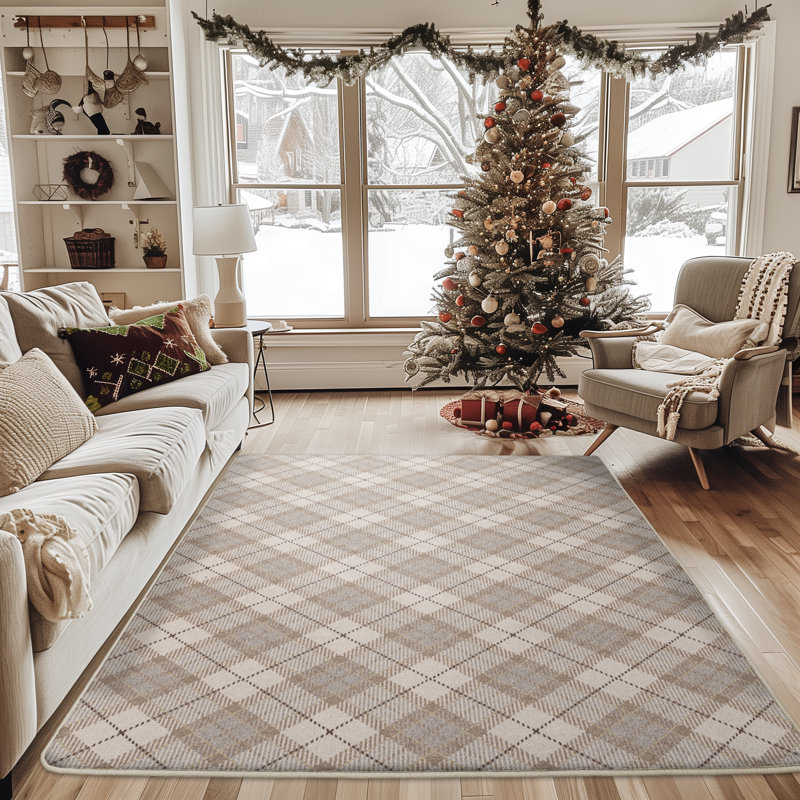 Noël à carreaux ivoire neige, Ivoire / beige / gris, Rectangle 5 pi 4 po x 7 pi 8 po