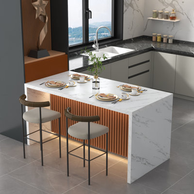 Large Imitation Marble Dining Table for 4-6 People,Kitchen Island Table with LED Lights, Mordern Marble Stripes Kitchen Dining Table with Grille design for Dining Room