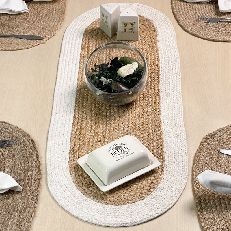 VERONA JUTE BORDER ROUND TABLE RUNNER, Natural/Ivory