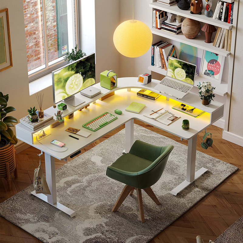 Adjustable L-Shaped Metal Base Writing Desk with Power Outlet, White