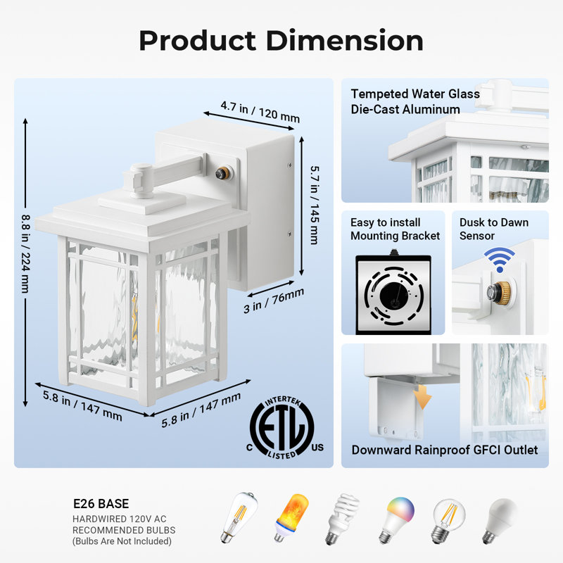 Ensemble de 2 luminaires de véranda avec prise GFCI, lanterne murale d'extérieur Dusk to Dawn, Blanc