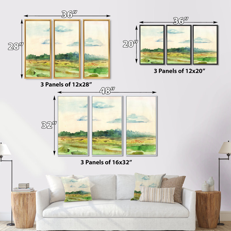 «Green Blossoming Summer Landscape», ensemble d'art mural sur toile encadré traditionnel de 3, H 32 po x l 48 po x P 1 po
