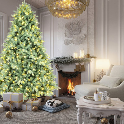 Arbre de Noël de 4 pi avec 150 lumières DEL blanc chaud, teinte bleue, 592 pointes Pe +, branches à charnières, support en métal pour arbre de Noël à décor unique des Fêtes, saison de soutien