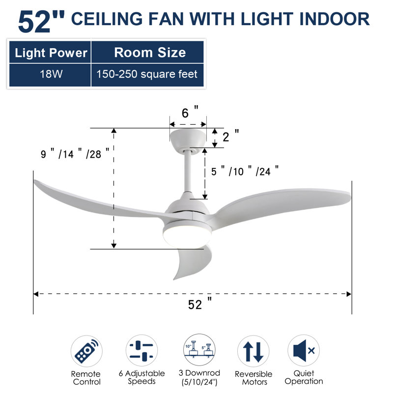 3-Solid Blade Propeller Ceiling Fan with Remote Control and LED Light - Loynaz, White