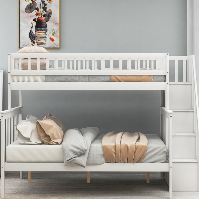 Lit simple superposé au dessus d'un lit double avec rangement, pin blanc pour plus de stabilité et de rangement