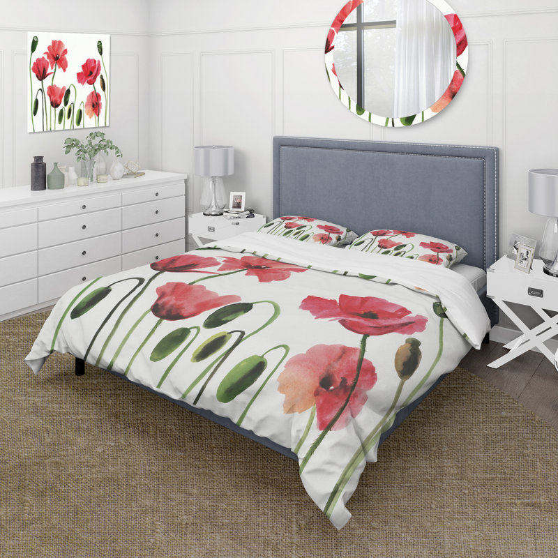 Vintage Red Blooming Poppies - Ensemble de housse de couette traditionnel - Microfibre de polyester