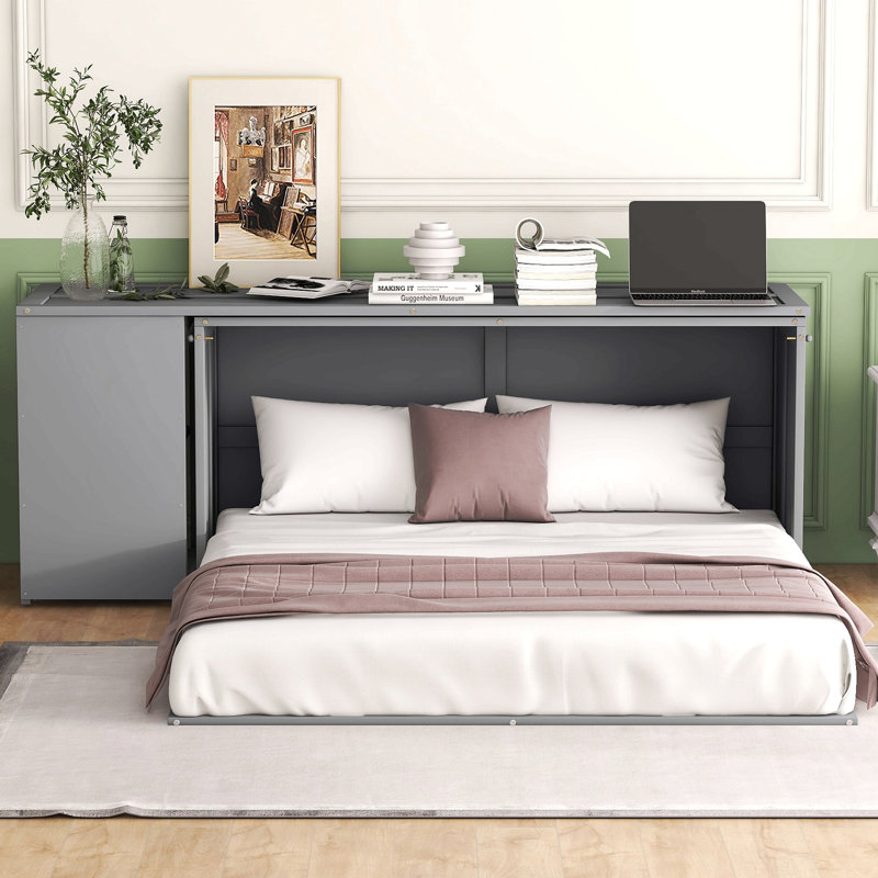Grand lit escamotable avec bureau rotatif, Gris