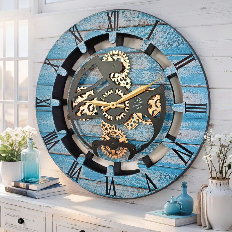 Horloge murale ronde surdimensionnée de 24 po pour le salon avec la collection Real Gear Gears Canada, Bleu océan