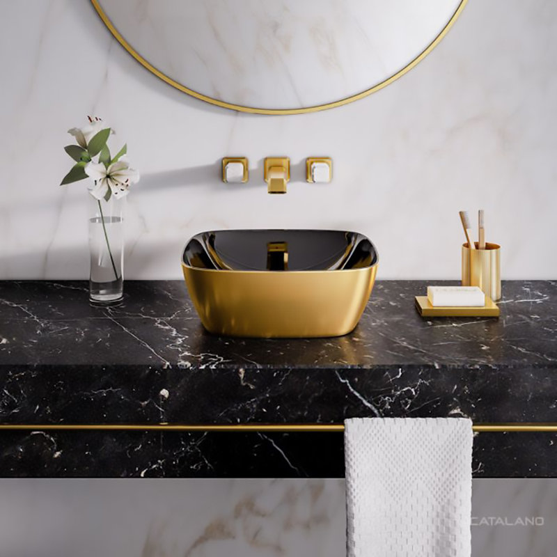 Catalano 15.75'' Fireclay Square Bathroom Sink, Black/Gold
