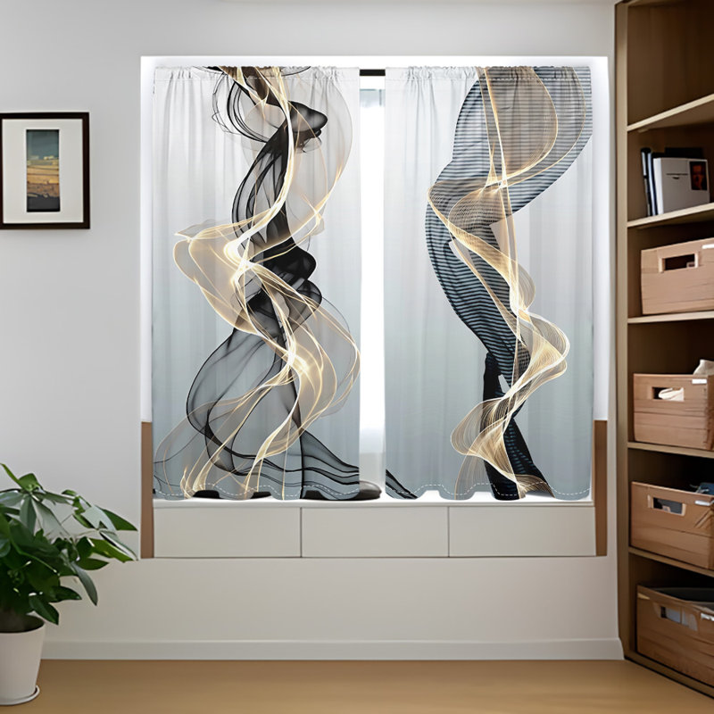 2Pcs Abstrait Vague Rideaux Fixation de Poche Tringle Impression Numérique Bleu Or Transparent Polyester Matériau Moderne Élégant Motif Fenêtre Traitement pour Salon Chambre Cuisine Décor À La Maison
