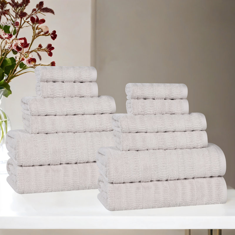 Mika Smart Twist Viscose Cotton Blend Medium Weight Solid Textured Ribbed 12 Piece Towel Set, Silver