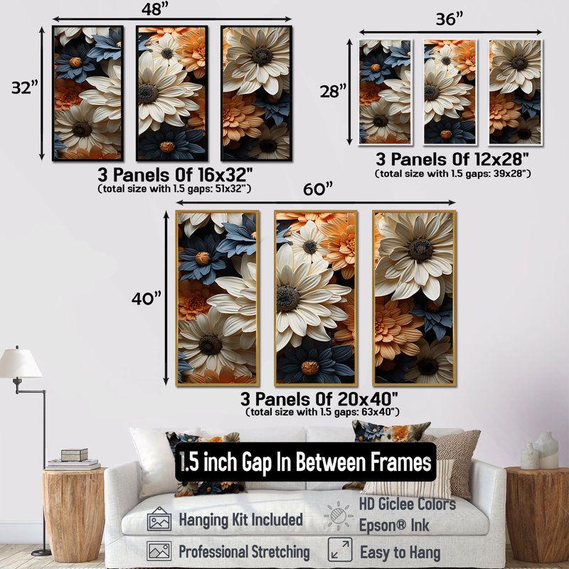 «White and Orange Daisy Florescence Radiance» - ensemble d'art mural marguerites, H 28 po x l 36 po x P 1 po