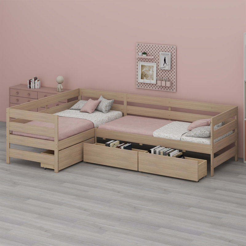 Lit plateforme en L avec trois tiroirs de rangement, Naturel