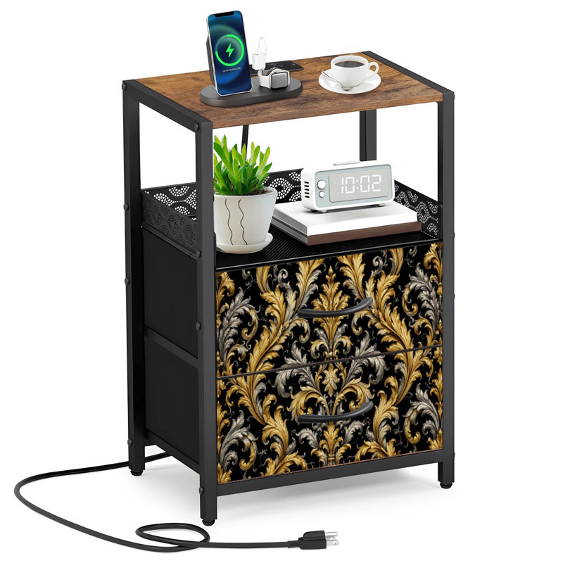 Table de chevet 2 tiroirs en tissu avec station de charge