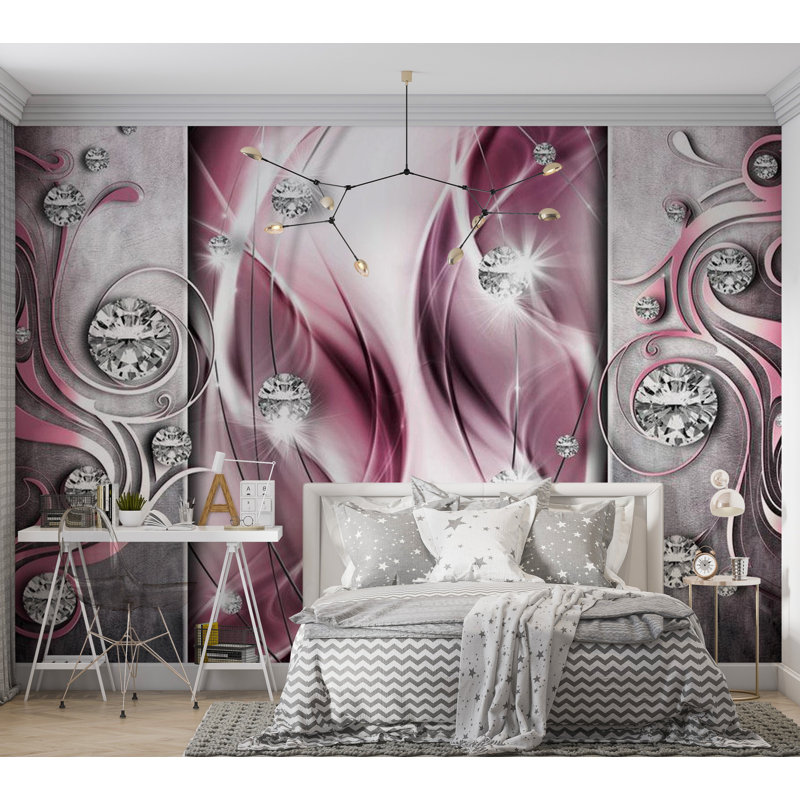 Muraux glamour tourbillons et diamants, L 9,17 pi x l 13,08 pi, Rose / gris, Non-Woven