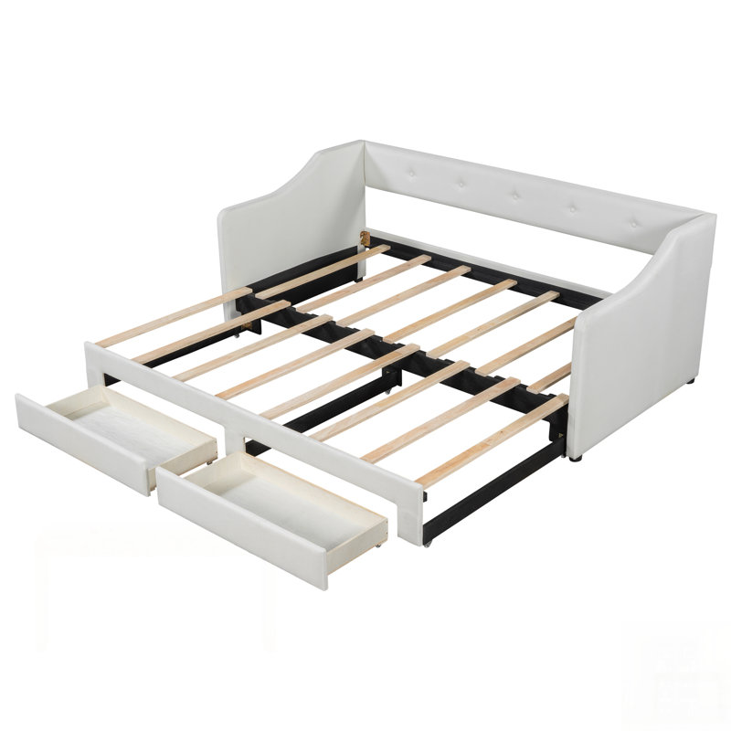Lit de jour ajustable rembourré avec deux tiroirs spacieux, Beige