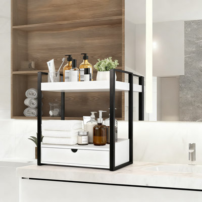 Organisateur de comptoir à 2 niveaux avec tiroir, tablette de rangement en bois et en métal pour meuble-lavabo, cuisine, bureau, plateau décoratif multi-usages