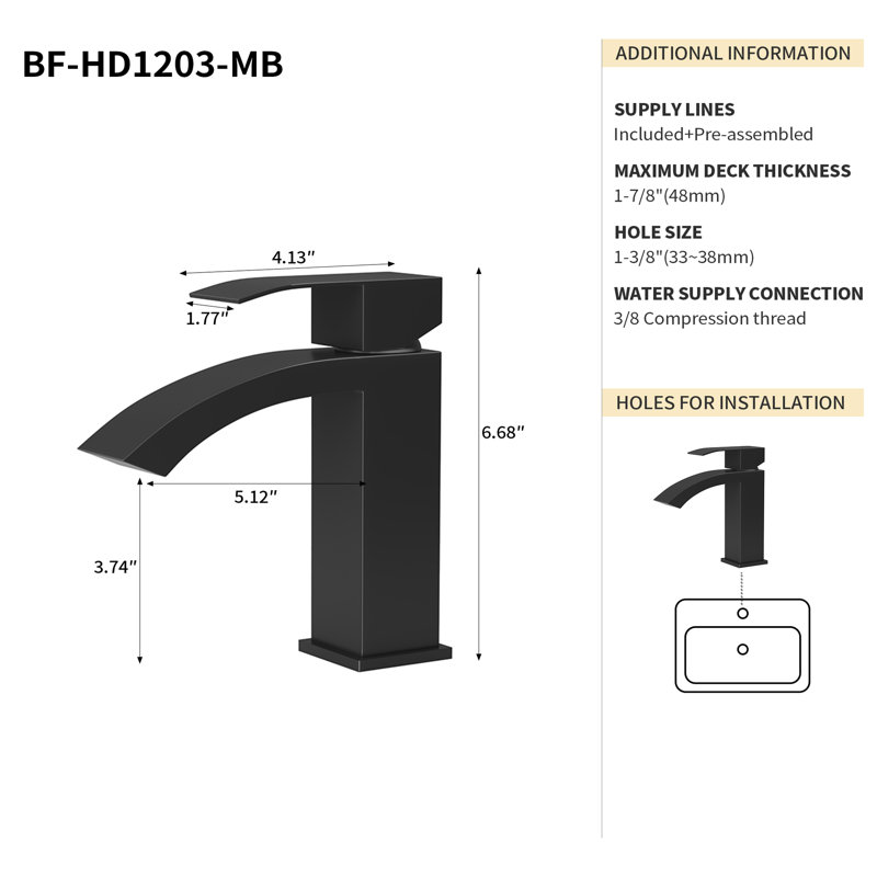 Robinet de salle de bain à poignée simple, hauteur 6,5 po, noir mat, bec à arc moyen, surface teintée, SS304 et céramique, finition noire manuelle, fabrication, valve à cartouche en céramique, robinet à trou