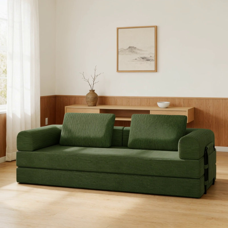 Convertible Sleeper Sofa Bed With Cylindrical Pillow - Corduroy Folding Mattress Couch For Versatile Use In Living Room, Bedroom, And Studio