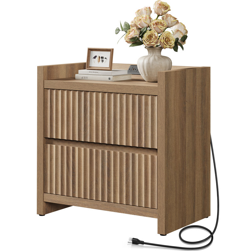 Allete Modern Fluted 2-Drawer Nightstand With Charging Station, Sandstone Beige