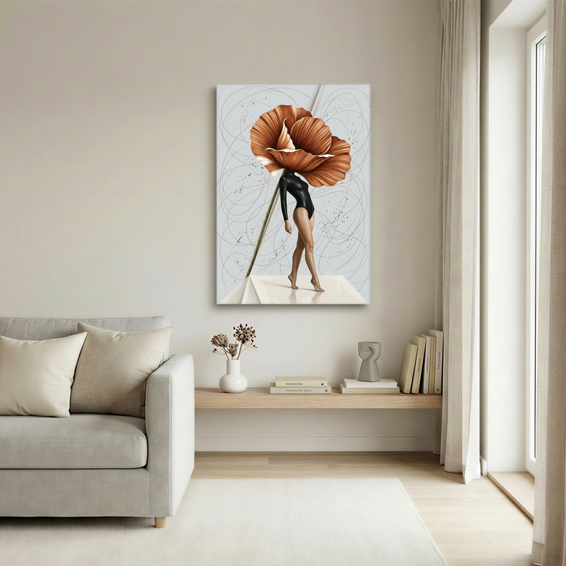 Grande toile murale en cuivre représentant une femme à tête de fleur en body noir, 30"H x 20"W