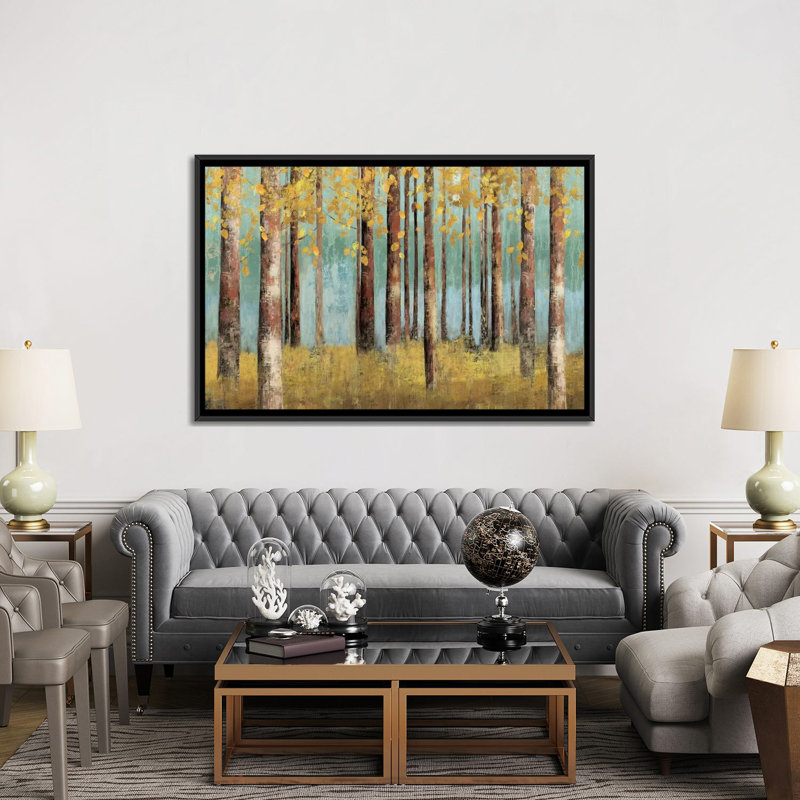 « bouleau bleu », reproduction sur toile, H 18 po x l 26 po x P 1,5 po, Toile encadrée noire, Pas de tapis