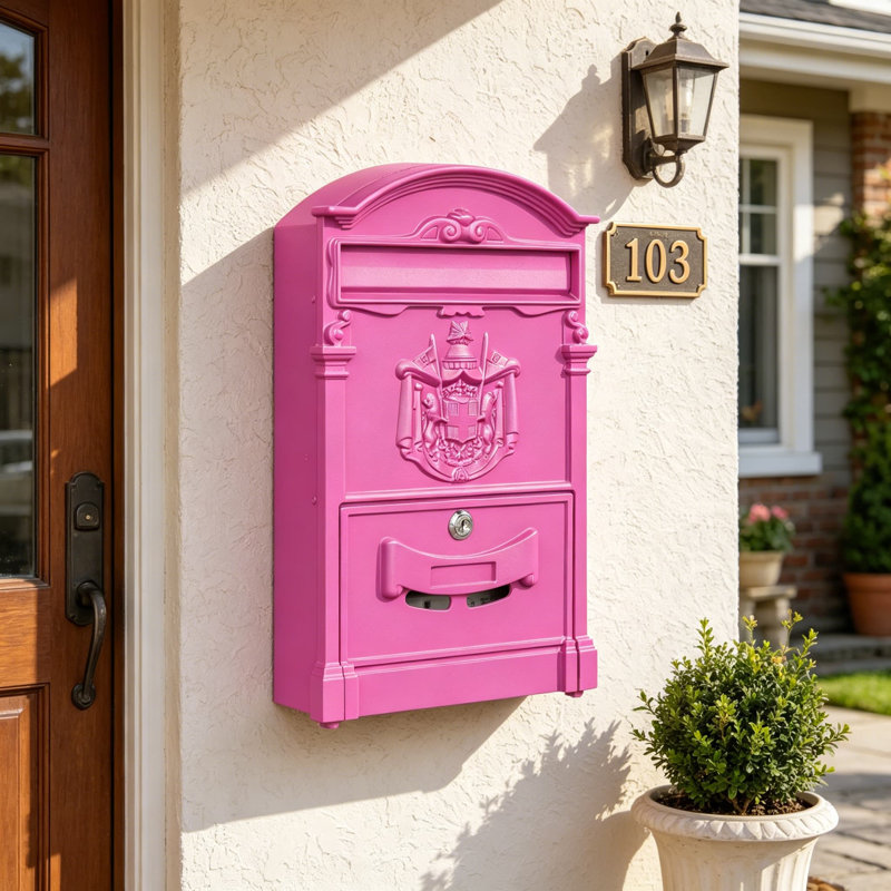 Boîte aux lettres murale, boîte aux lettres verrouillable pour la maison, boîte aux lettres extérieure en acier galvanisé, boîte aux lettres en métal, finition rose Barbie rétro