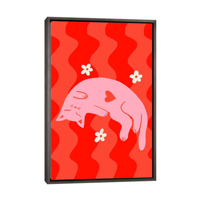 «Pink Sleepy Cat» sur fond ondulé - reproduction d'art murale - toile encadrée
