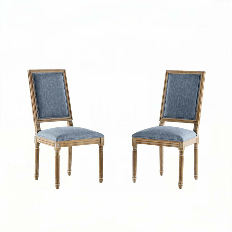 Solid Rubberwood Frame Upholstered Dining Chairs, Slate Blue, Natural