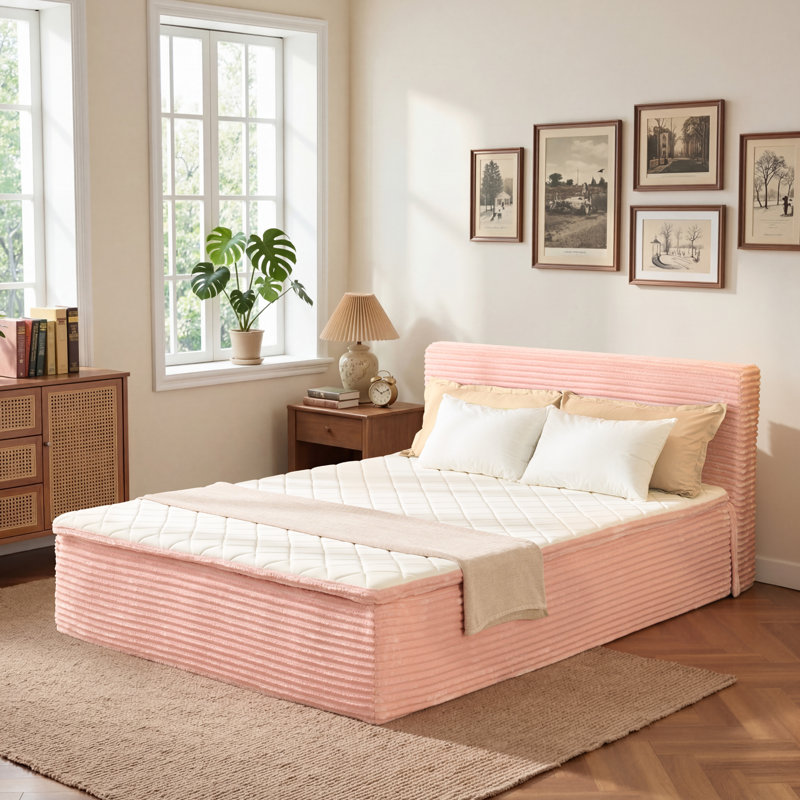 Lit plateforme tapissier, aucun assemblage requis Lit de compression avec matelas à ressorts, Grand lit, Rose
