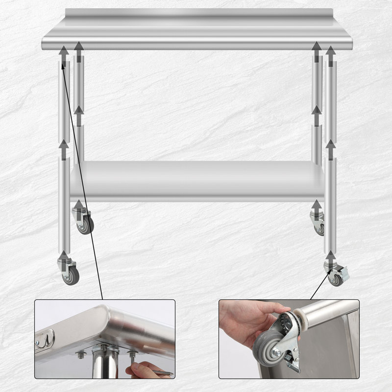 Table de préparation en acier inoxydable de 48 po x 24 po avec roues verrouillables, table de travail de cuisine commerciale robuste avec tablette réglable et protection anti-éclaboussures, îlot de cuisine pour restaurant, boulangerie, maison
