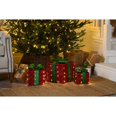 set of 3 bo lit red parcels with green bow-ww led